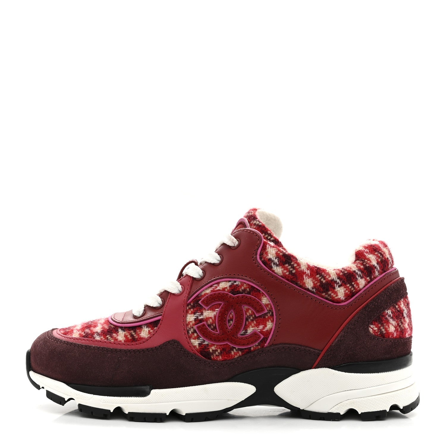 Chanel Wool Tweed Suede Calfskin Womens CC Sneakers 36 Red White Dark Brown Burgundy