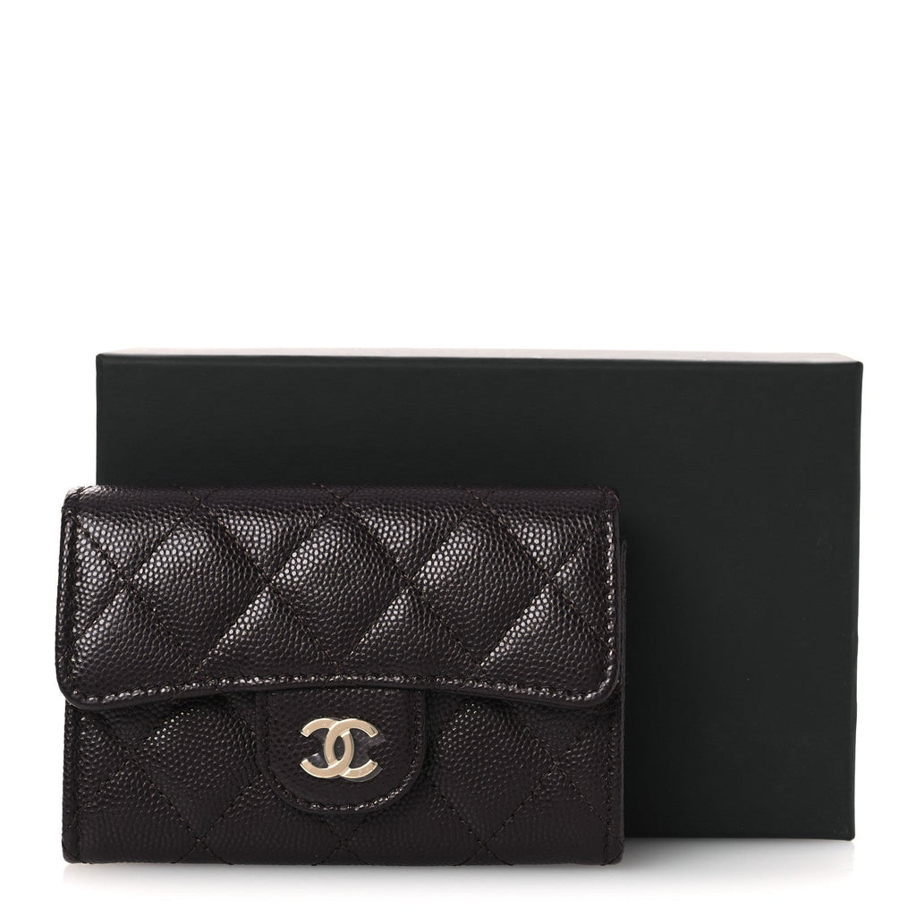 Caviar Quilted Flap Card Holder Wallet Burgundy