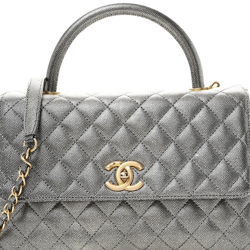 Chanel Metallic Caviar Quilted Small Coco Handle Flap Silver