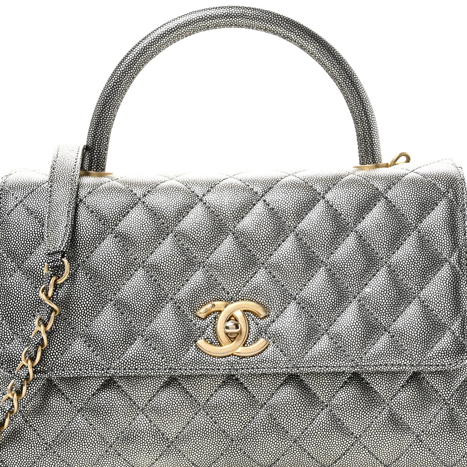 Chanel Metallic Caviar Quilted Small Coco Handle Flap Silver