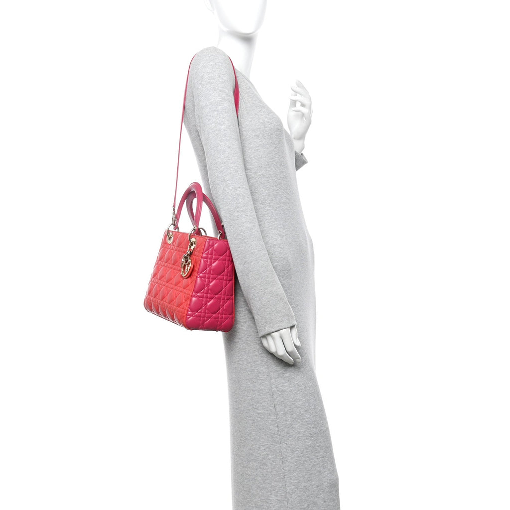 Christian Dior Lambskin Cannage Medium Bi-Color Lady Dior Orange Fuchsia