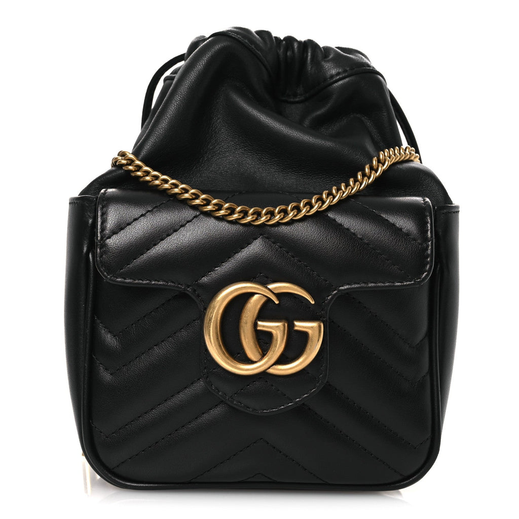 Gucci Calfskin Matelasse Front Pocket Mini GG Marmont Bucket Bag Black