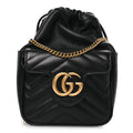 Gucci Calfskin Matelasse Front Pocket Mini GG Marmont Bucket Bag Black