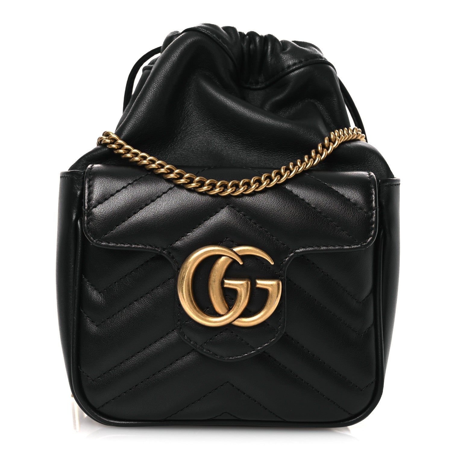 Gucci Calfskin Matelasse Front Pocket Mini GG Marmont Bucket Bag Black