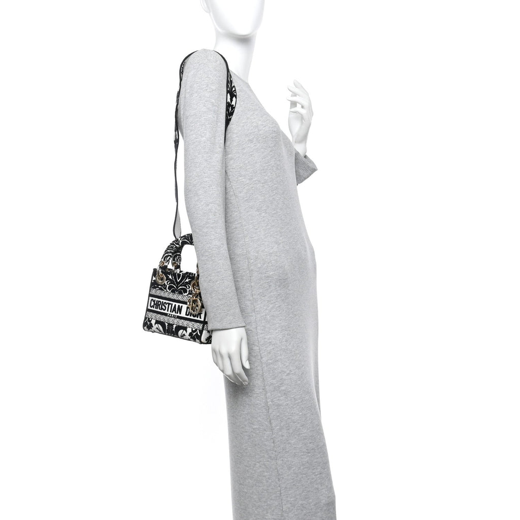 Christian Dior Canvas Petites Fleurs Embroidered Mini Lady D-Lite Black White