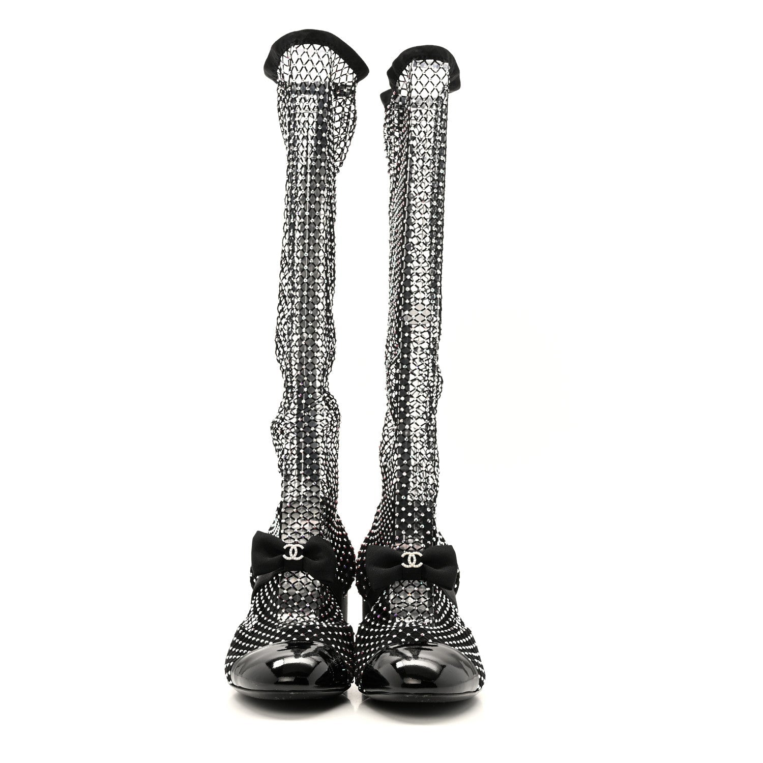 Mesh Crystal Patent CC Bow High Boots 38.5 Black