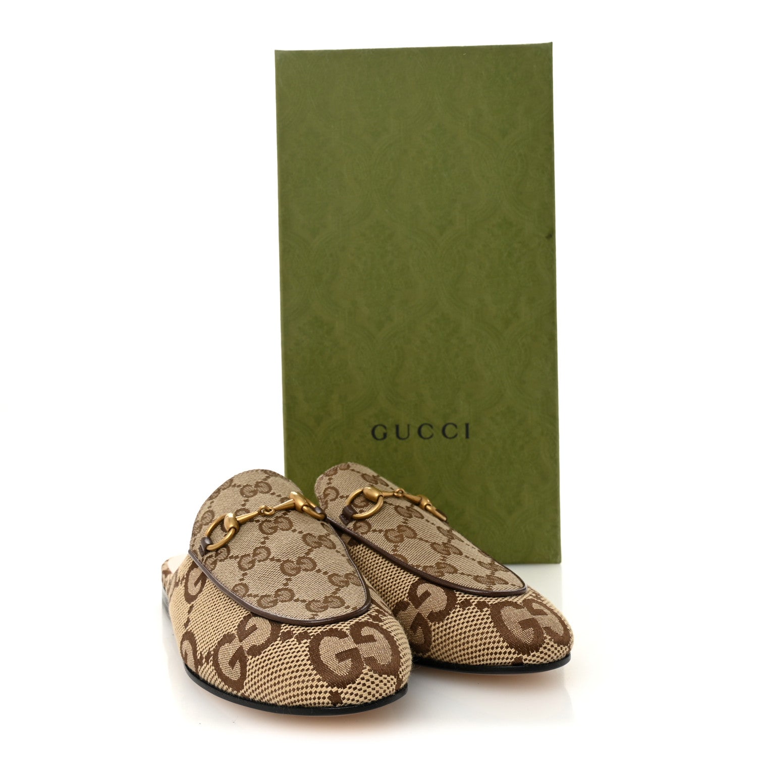 Gucci Monogram Jumbo GG Malaga Kid Womens Princetown Slippers 35 Camel Ebony New Acero Beige