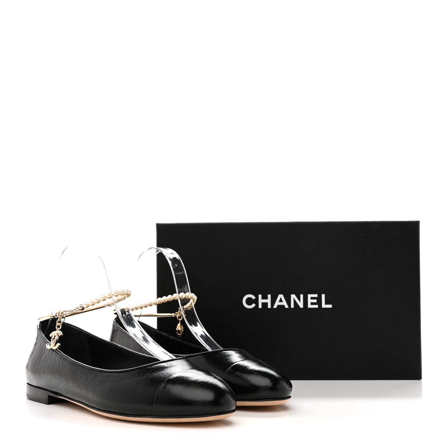 Chanel Shiny Lambskin Pearl Cap Toe Ankle Chain Ballerina Flats 39 Black