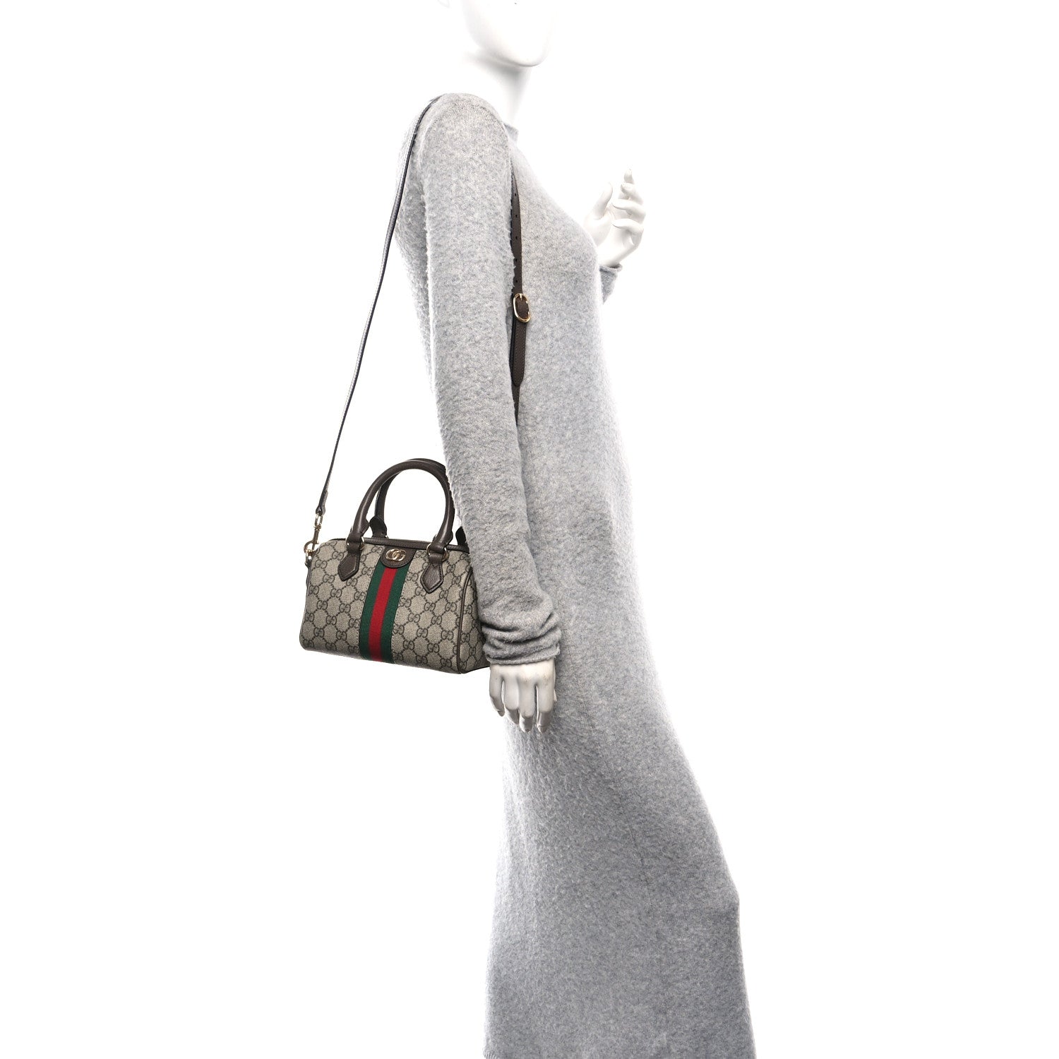 Gucci GG Supreme Monogram Textured Dollar Calfskin Web Mini Ophidia Top Handle Bowler Bag Beige Ebony New Acero
