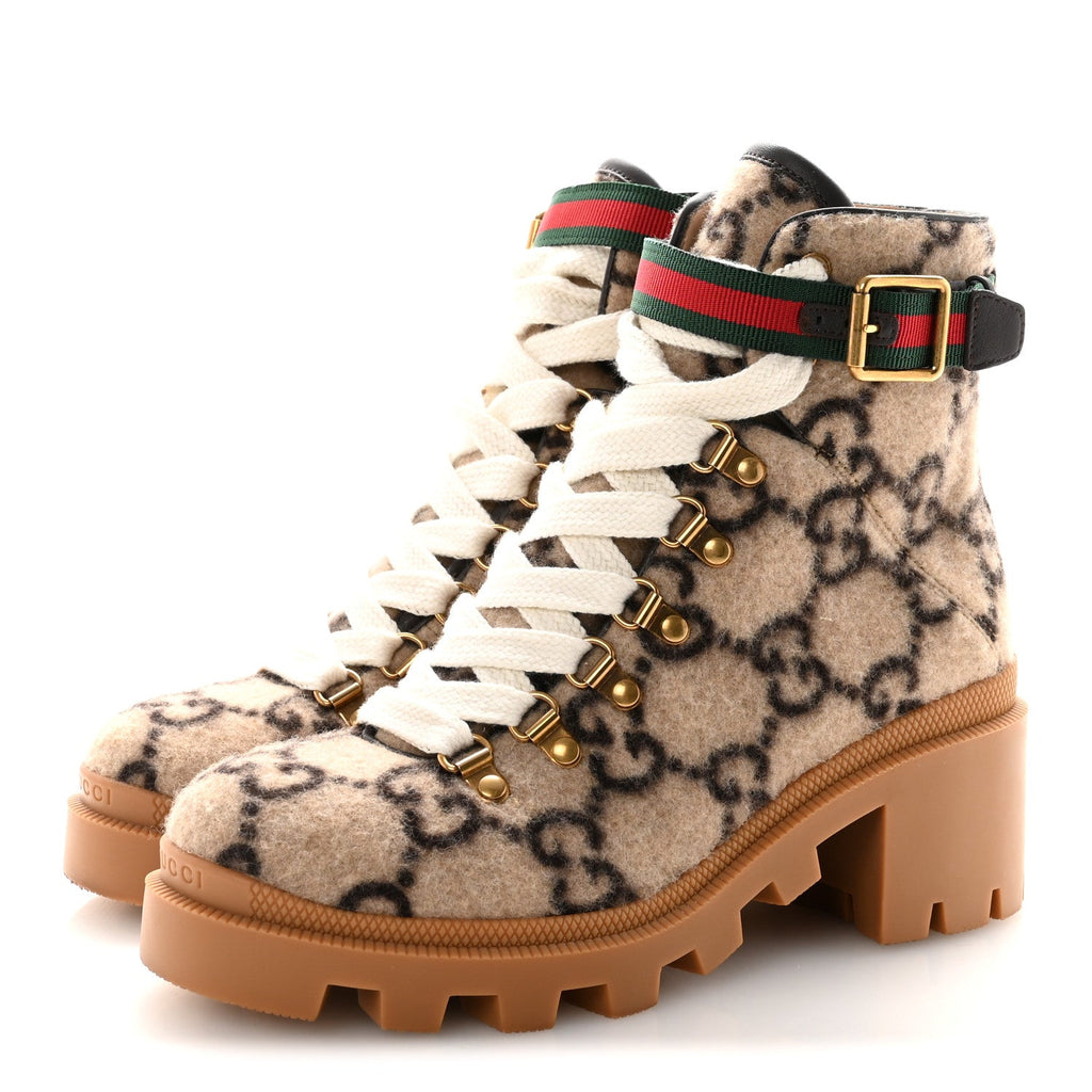 Gucci Covered Wool Big GG Monogram Womens Lace Up Combat Ankle Boots 36 Beige Ebony Cocoa