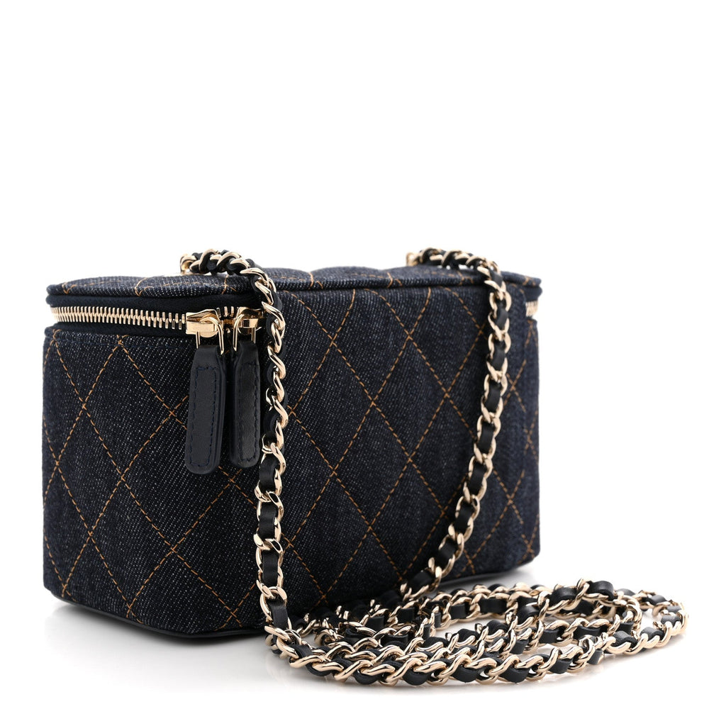 Chanel Denim Quilted Vanity Case With Chain Dark Blue