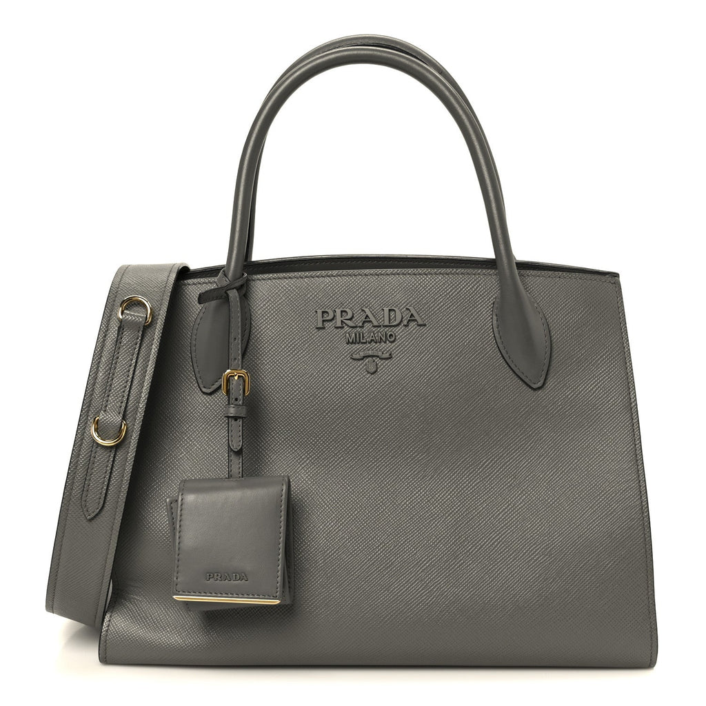Prada Saffiano Cuir Calfskin Medium Monochrome Top Handle Tote Ardesia