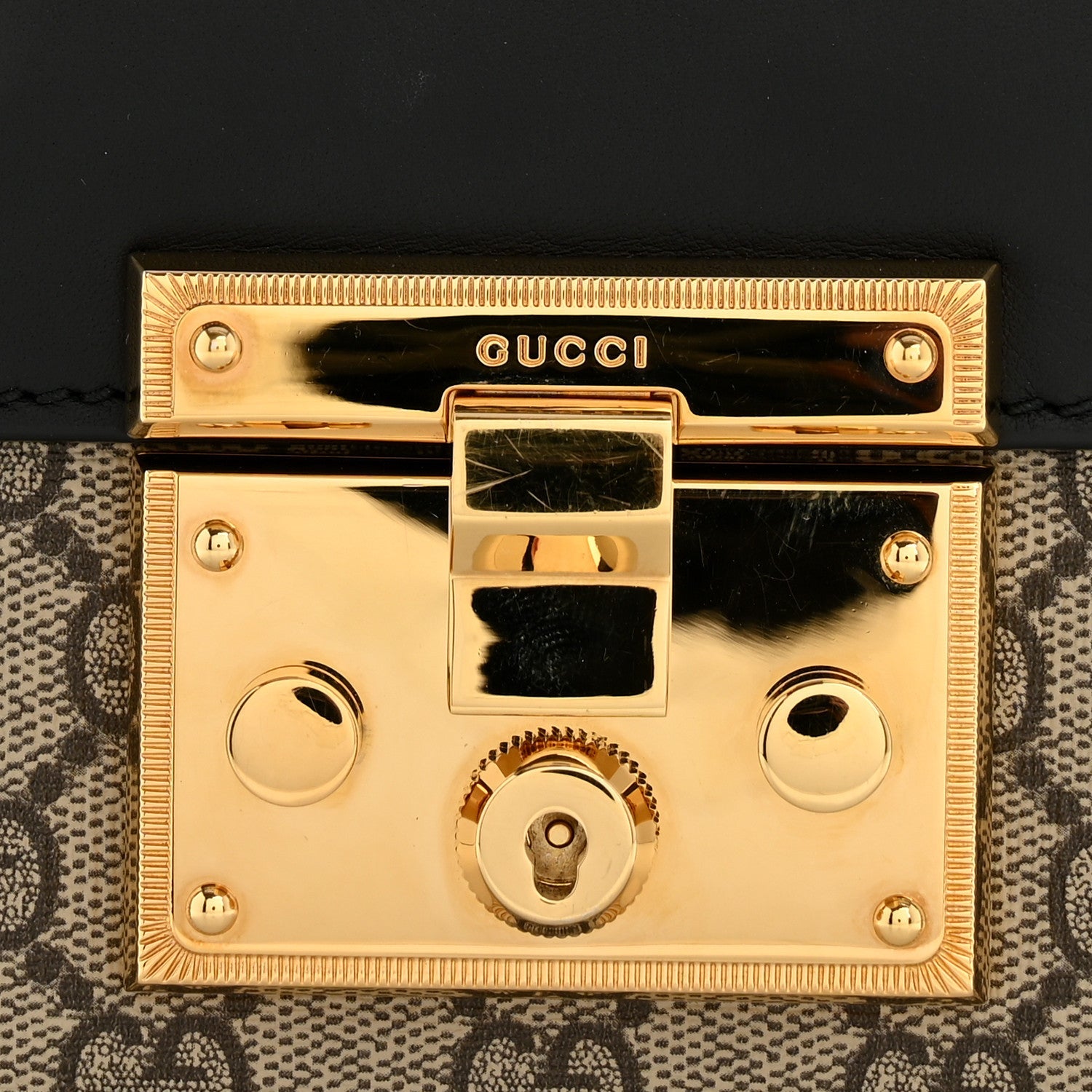 Gucci GG Supreme Monogram Calfskin Small Padlock Shoulder Bag Beige Black Cuir