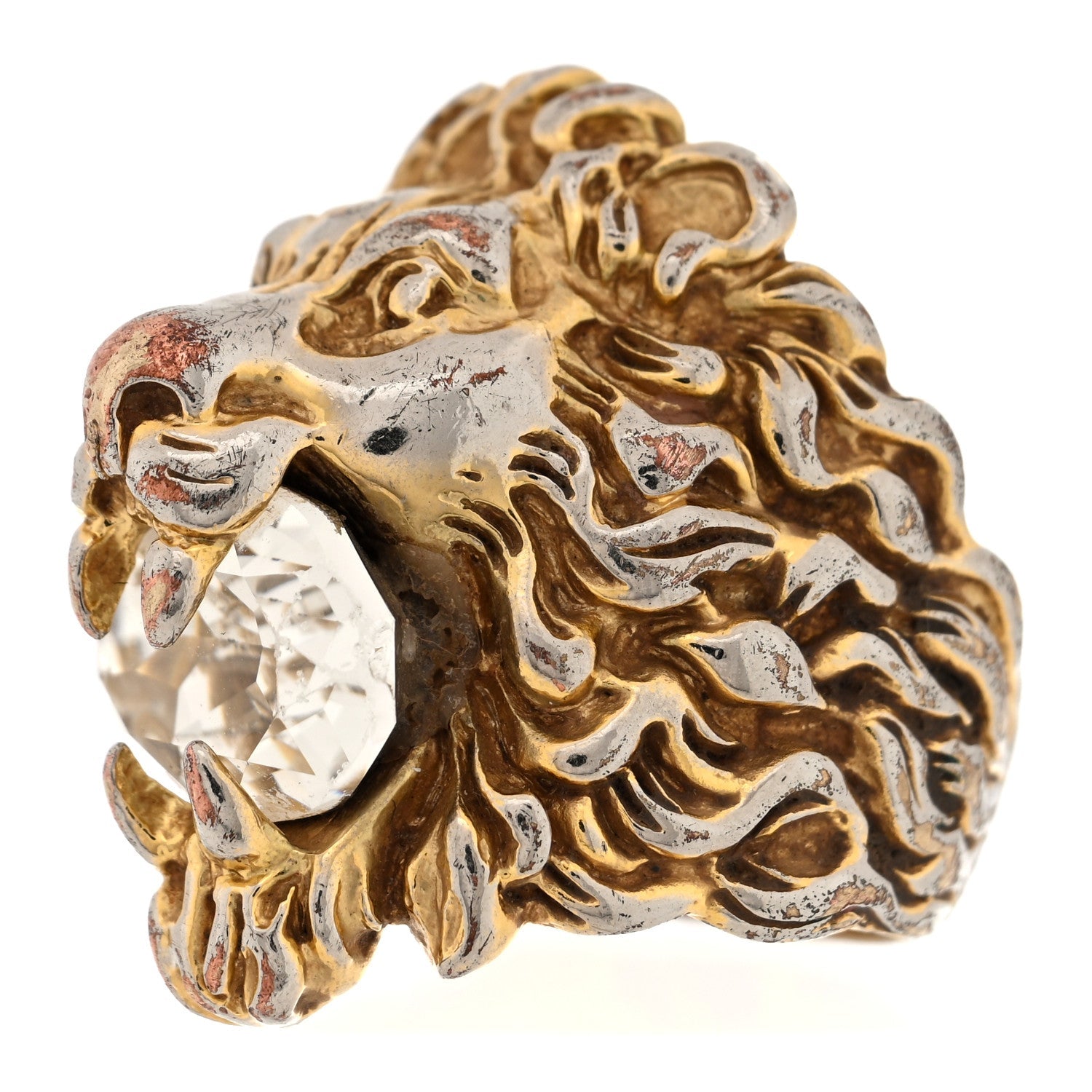 Gucci Metal Crystal Lion Head Ring 56 7.5 Gold