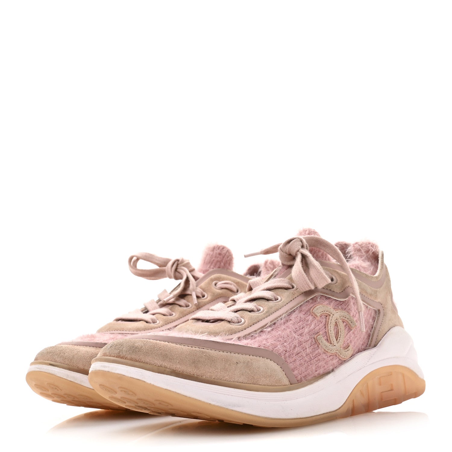 Chanel Suede Calfskin Stretch Fabric CC Sneakers 38.5 Pink