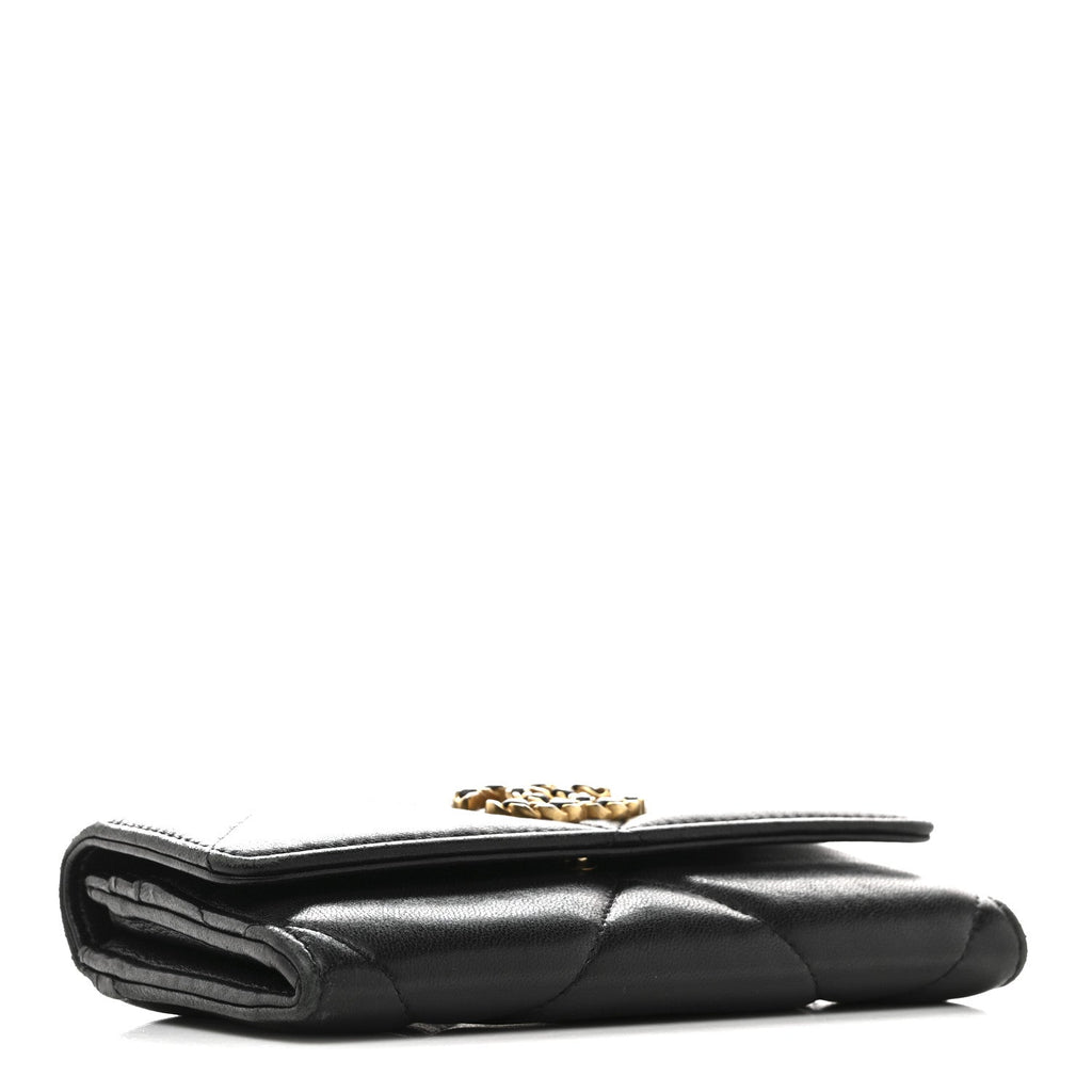 Chanel Shiny Goatskin Quilted Chanel 19 Flap Wallet Black