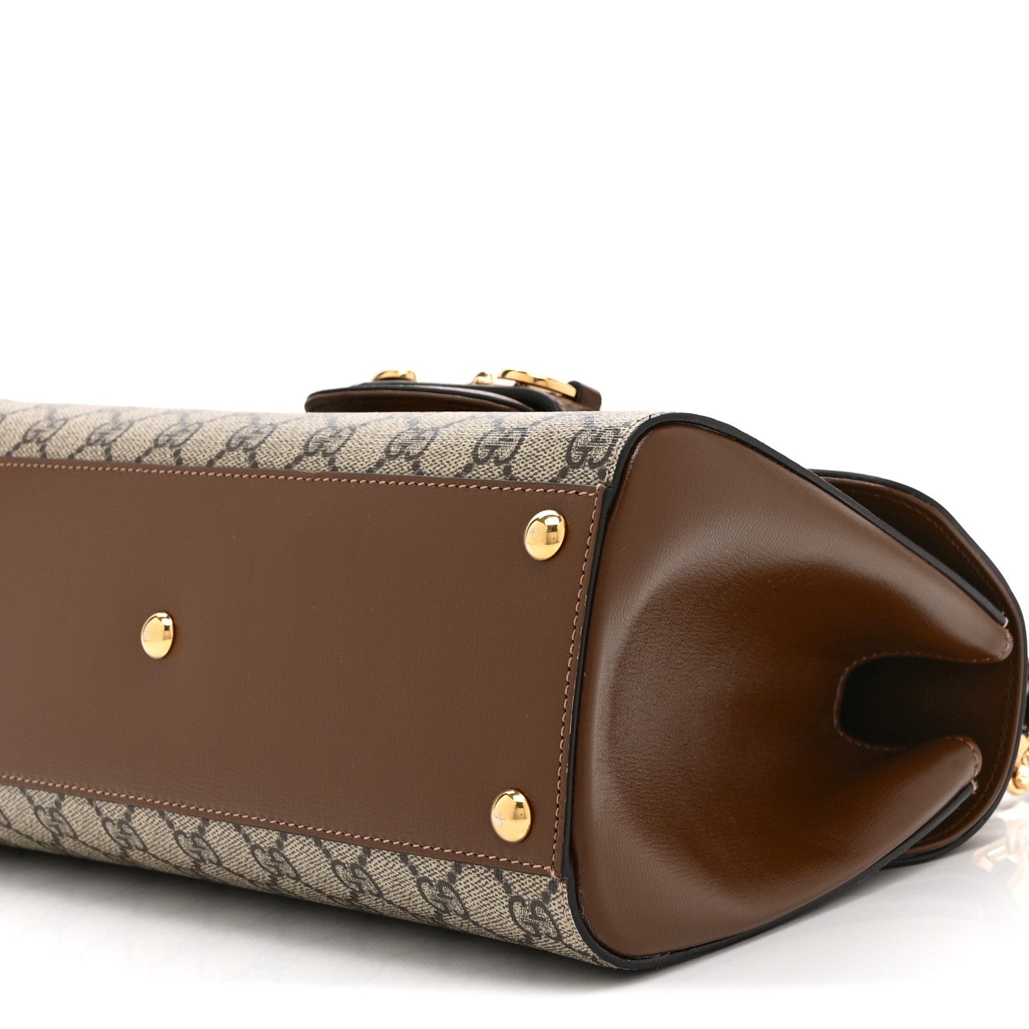 Gucci GG Supreme Monogram Calfskin Medium Horsebit 1955 Top Handle Bag Beige Ebony Brown Sugar