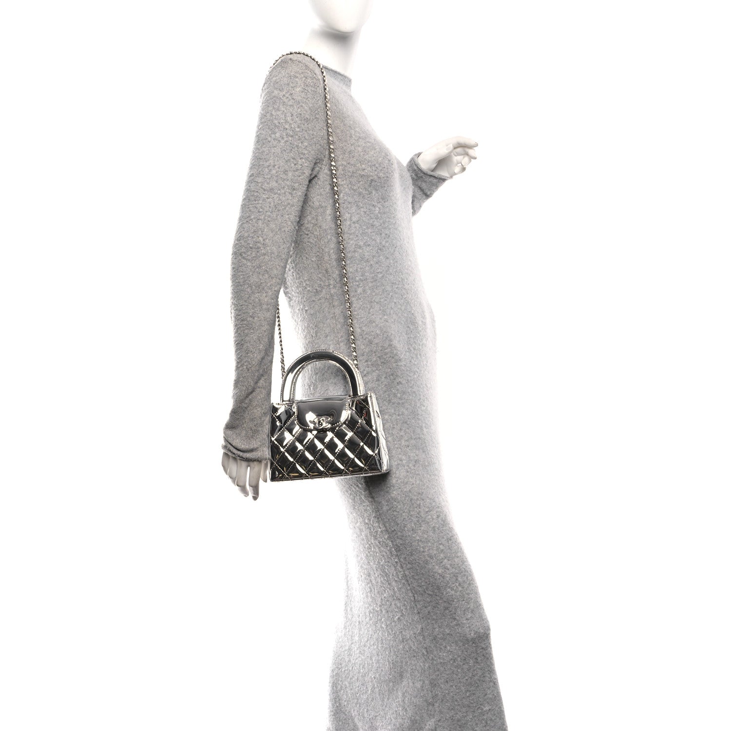 Chanel Mirror Calfskin Metallic Calfskin Quilted Nano Kelly Shopper Silvery