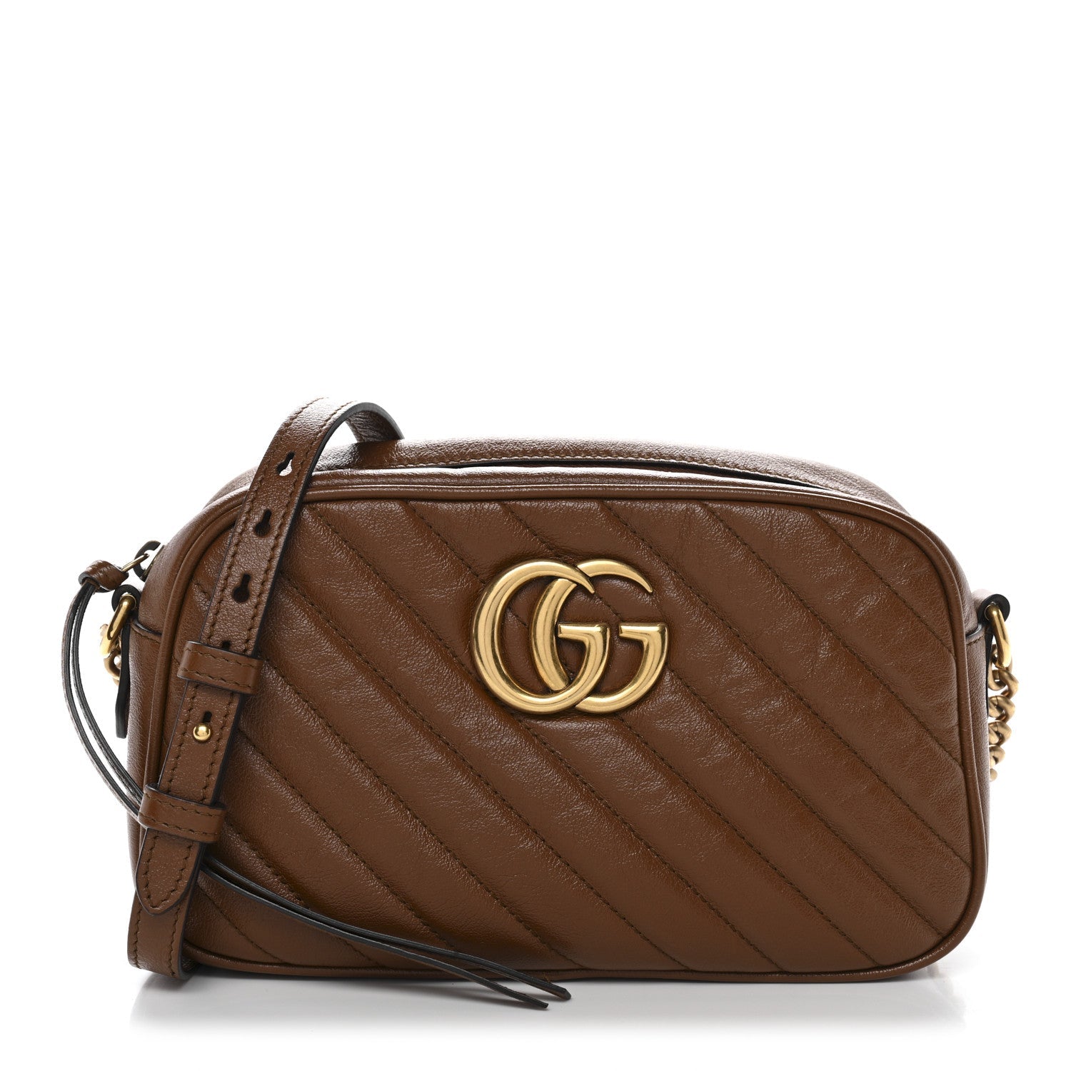 Gucci Glazed Calfskin Matelasse Diagonal Small GG Marmont Chain Shoulder Bag Cuir