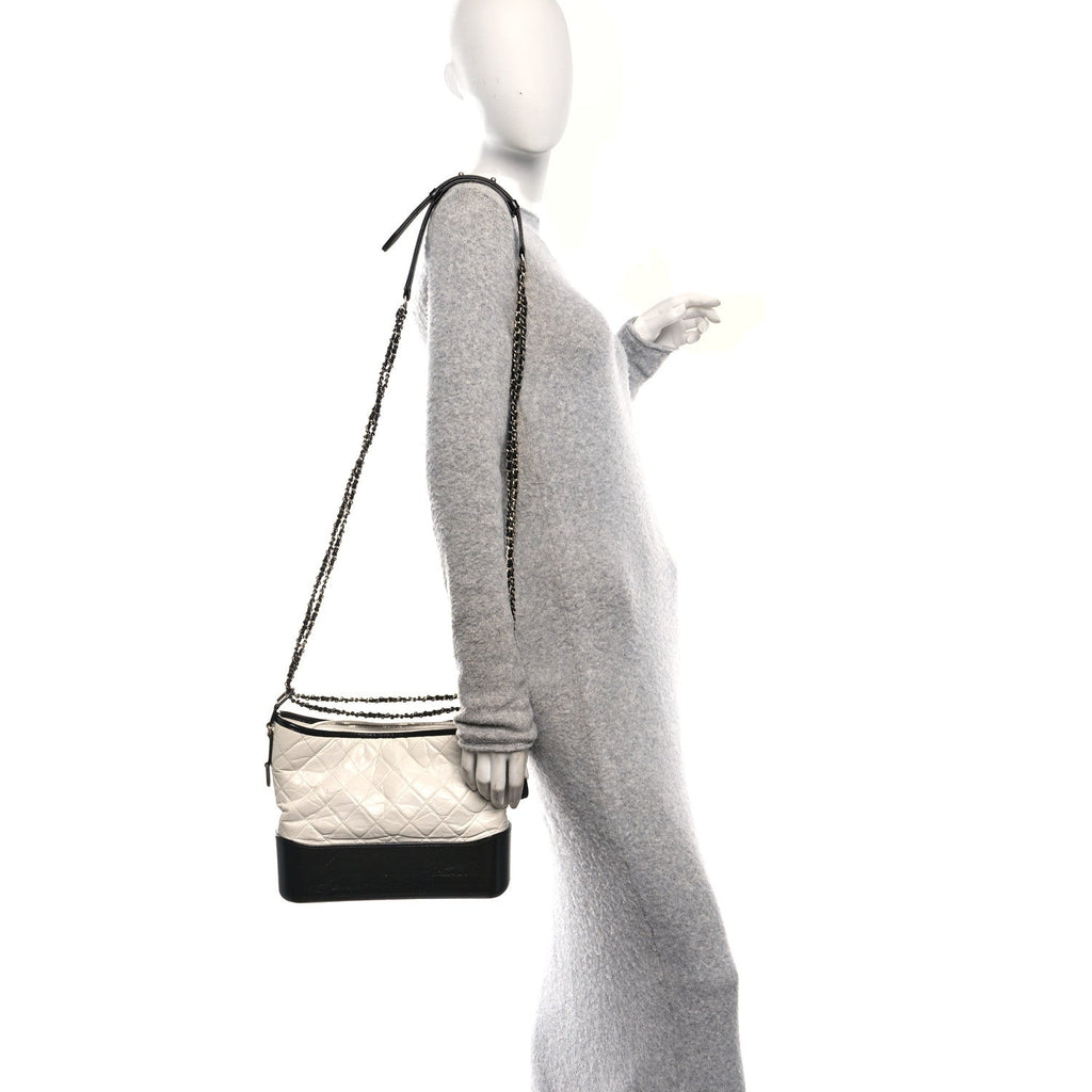 Chanel Aged Calfskin Quilted Medium Gabrielle Hobo Black White