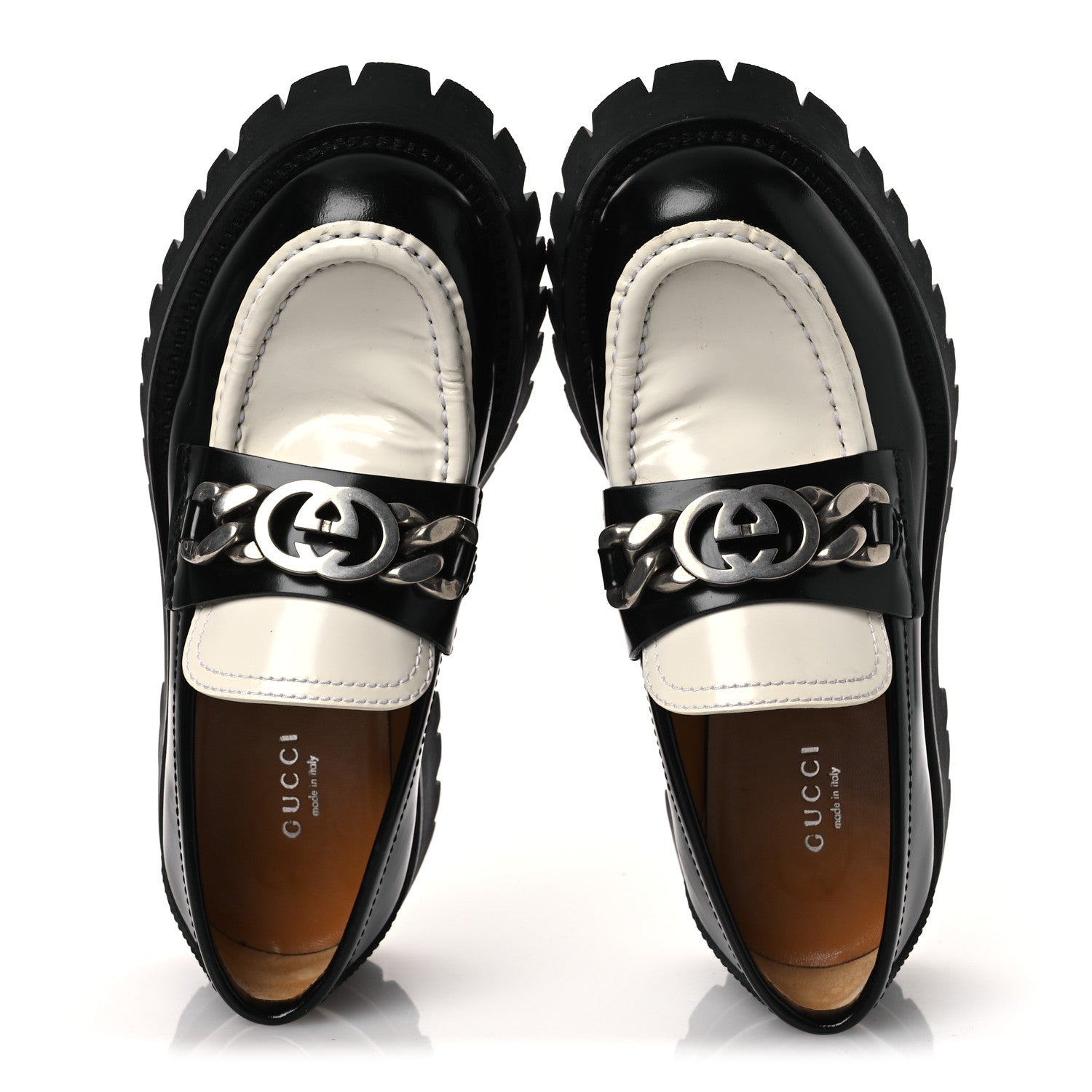 Gucci Cordovan Lux Womens Interlocking G Platform Lug Sole Loafers 36 Black Off White
