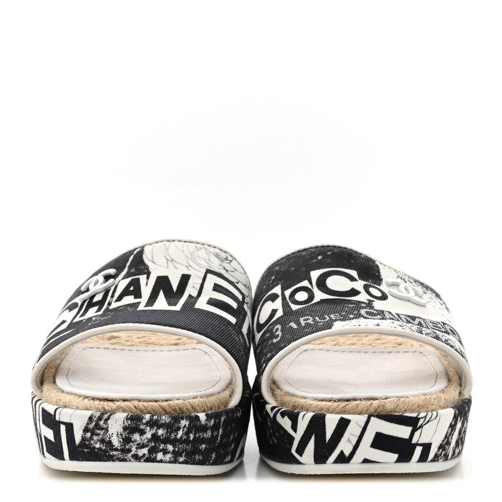 Fabric Grosgrain Printed CC Espadrille Slip On Sandals 36 Black White