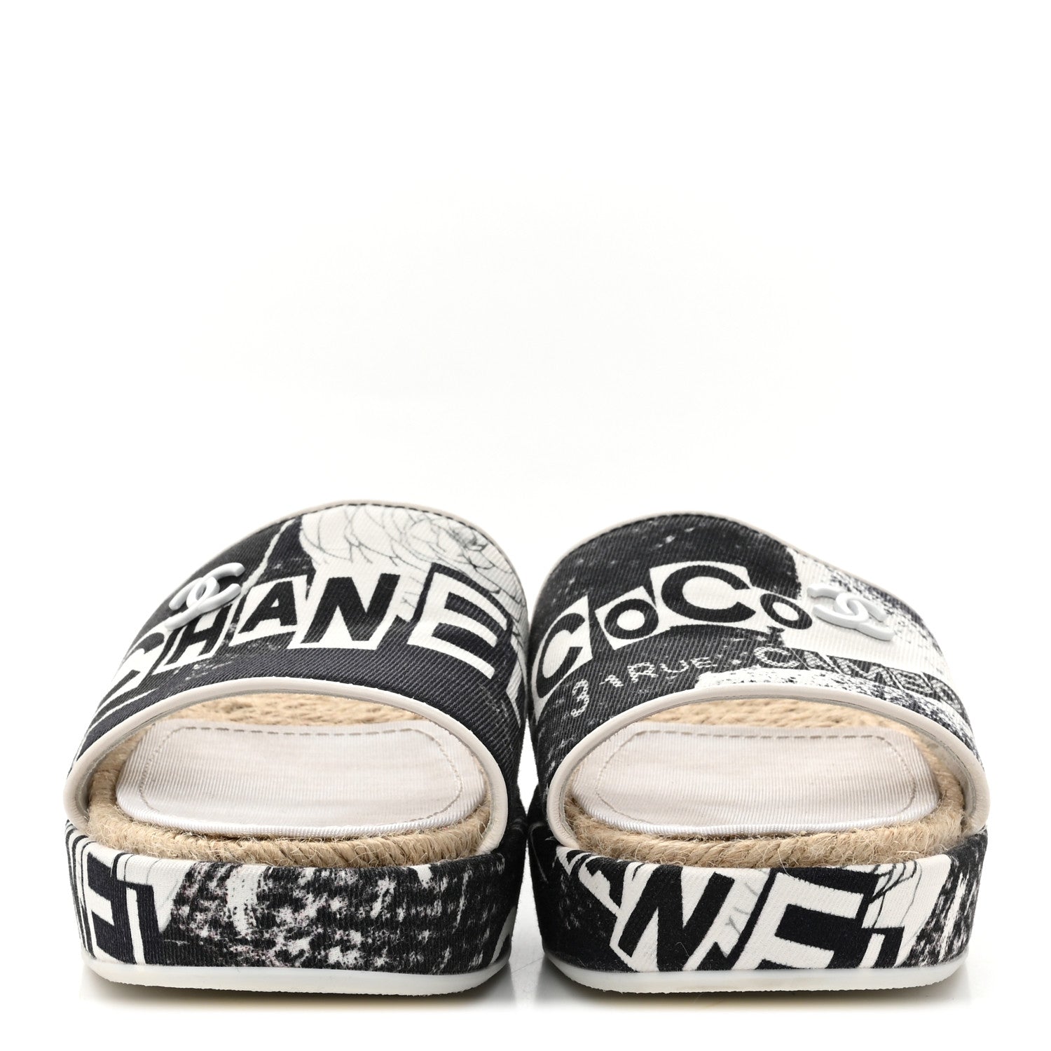 Fabric Grosgrain Printed CC Espadrille Slip On Sandals 36 Black White
