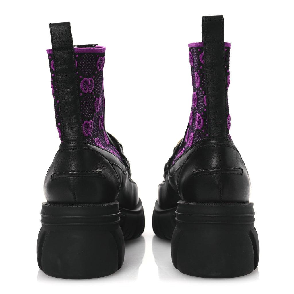 Gucci Quebec Calfskin Technical Jersey Knit GG Monogram Horsebit Ankle Boots 42 Black Fucsia