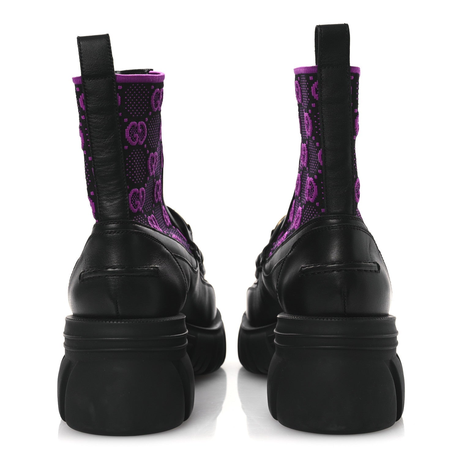 Gucci Quebec Calfskin Technical Jersey Knit GG Monogram Horsebit Ankle Boots 42 Black Fucsia