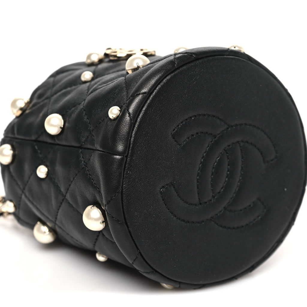 Chanel Lambskin Quilted Pearl Mini About Pearls Drawstring Bag Black