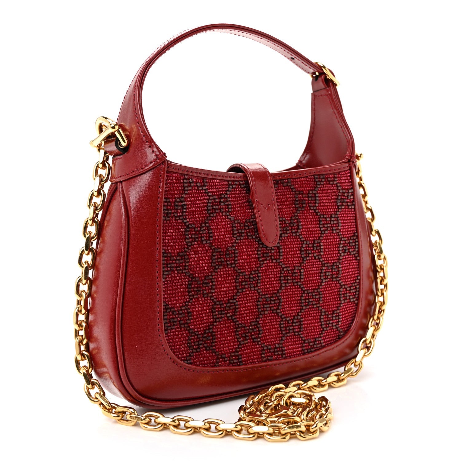 Gucci Calfskin Beaded Embroidery GG Monogram Mini Jackie 1961 Cherry Red