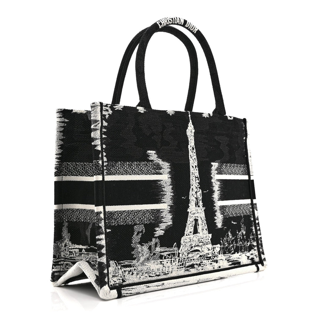 Christian Dior Canvas Embroidered Medium Paris Book Tote Black White