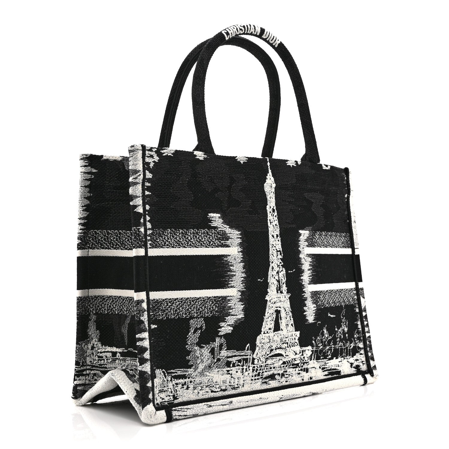 Christian Dior Canvas Embroidered Medium Paris Book Tote Black White