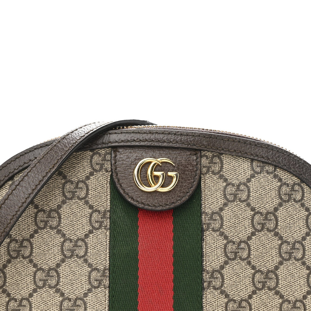 Gucci GG Supreme Monogram Textured Dollar Calfskin Web Small Ophidia Dome Shoulder Bag Beige Ebony New Acero