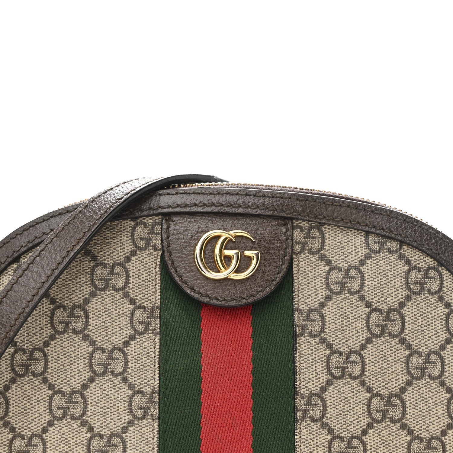 Gucci GG Supreme Monogram Textured Dollar Calfskin Web Small Ophidia Dome Shoulder Bag Beige Ebony New Acero