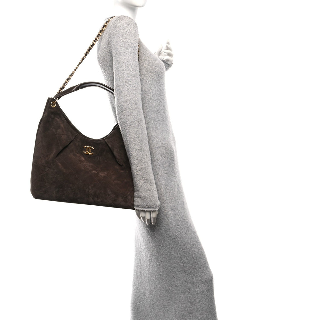 Chanel Suede Calfskin Lambskin Quilted Maxi Hobo Dark Brown