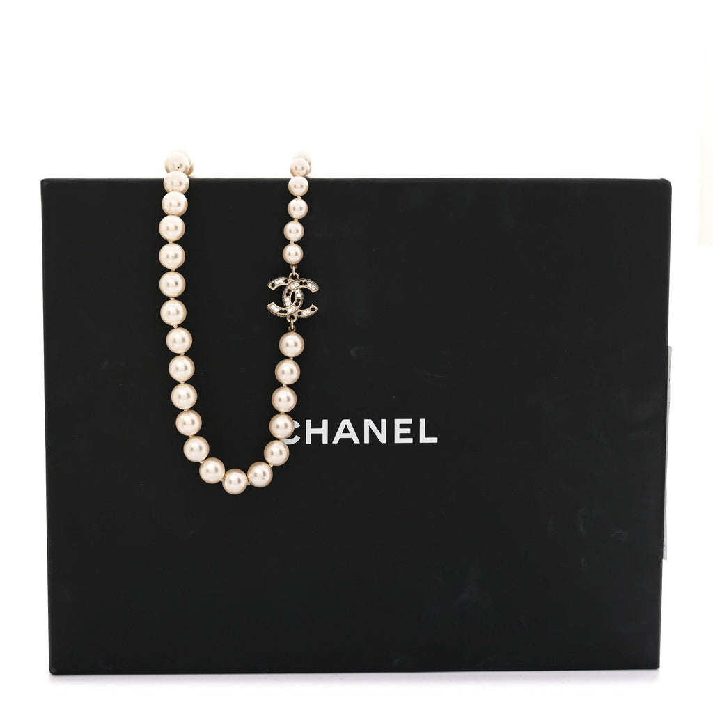 Baguette Crystal Pearl CC Long Necklace Black Gold