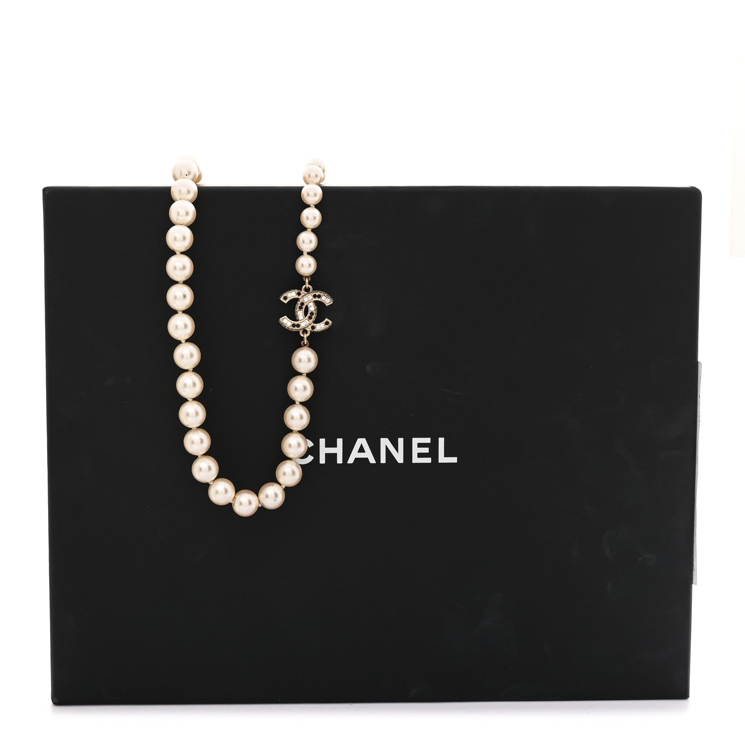 Baguette Crystal Pearl CC Long Necklace Black Gold
