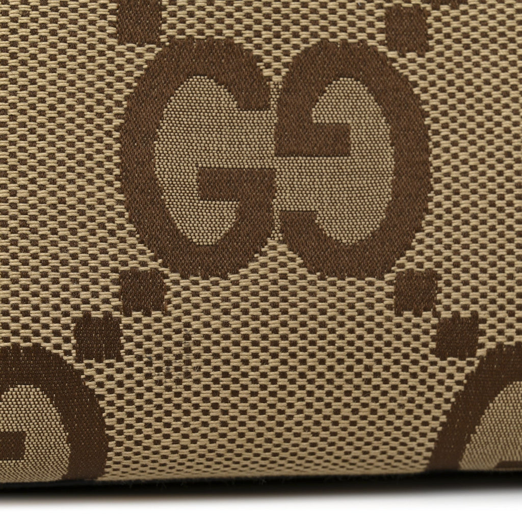 Gucci Monogram Jumbo GG Textured Dollar Calfskin Web Small Tote Bag Camel Ebony New Acero