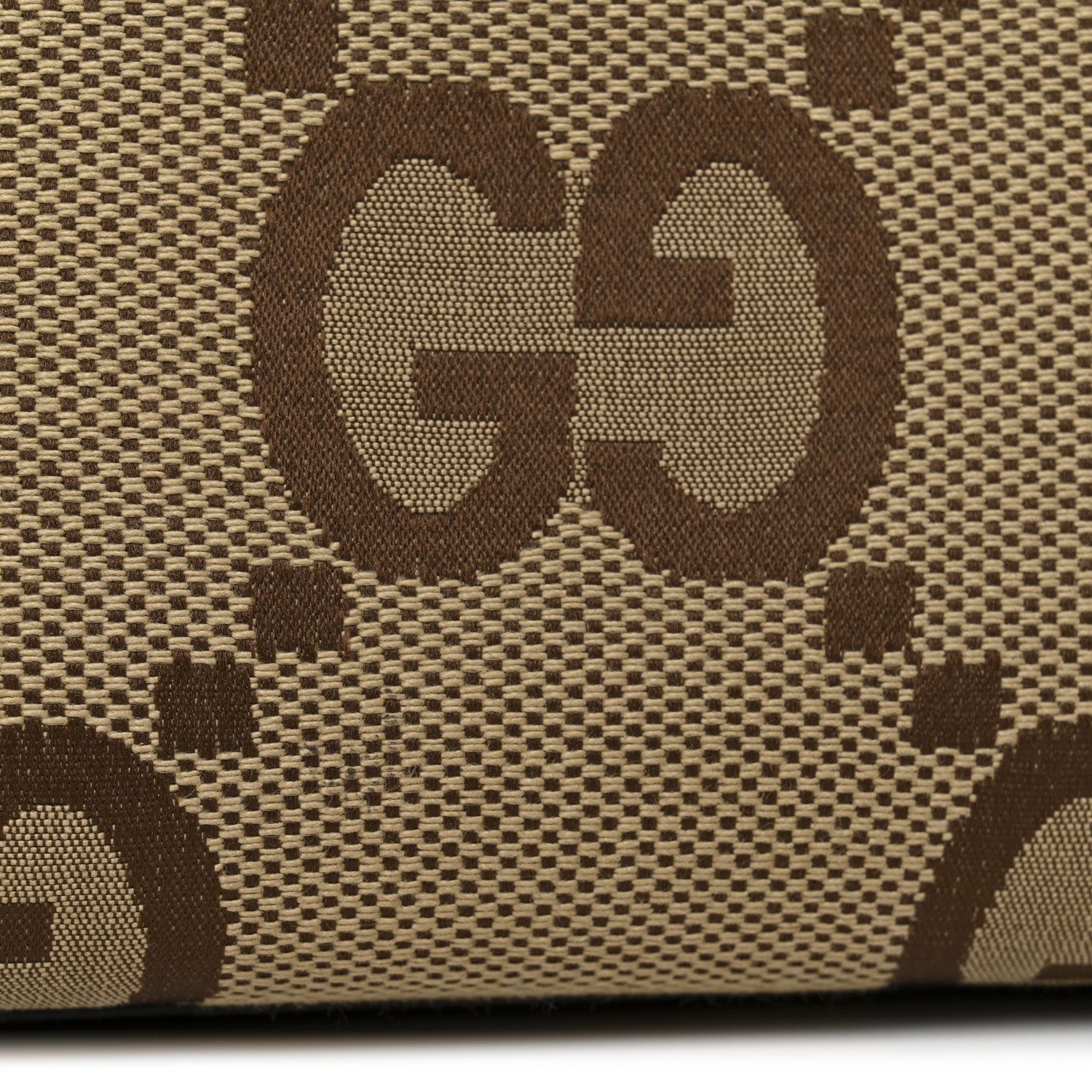 Gucci Monogram Jumbo GG Textured Dollar Calfskin Web Small Tote Bag Camel Ebony New Acero