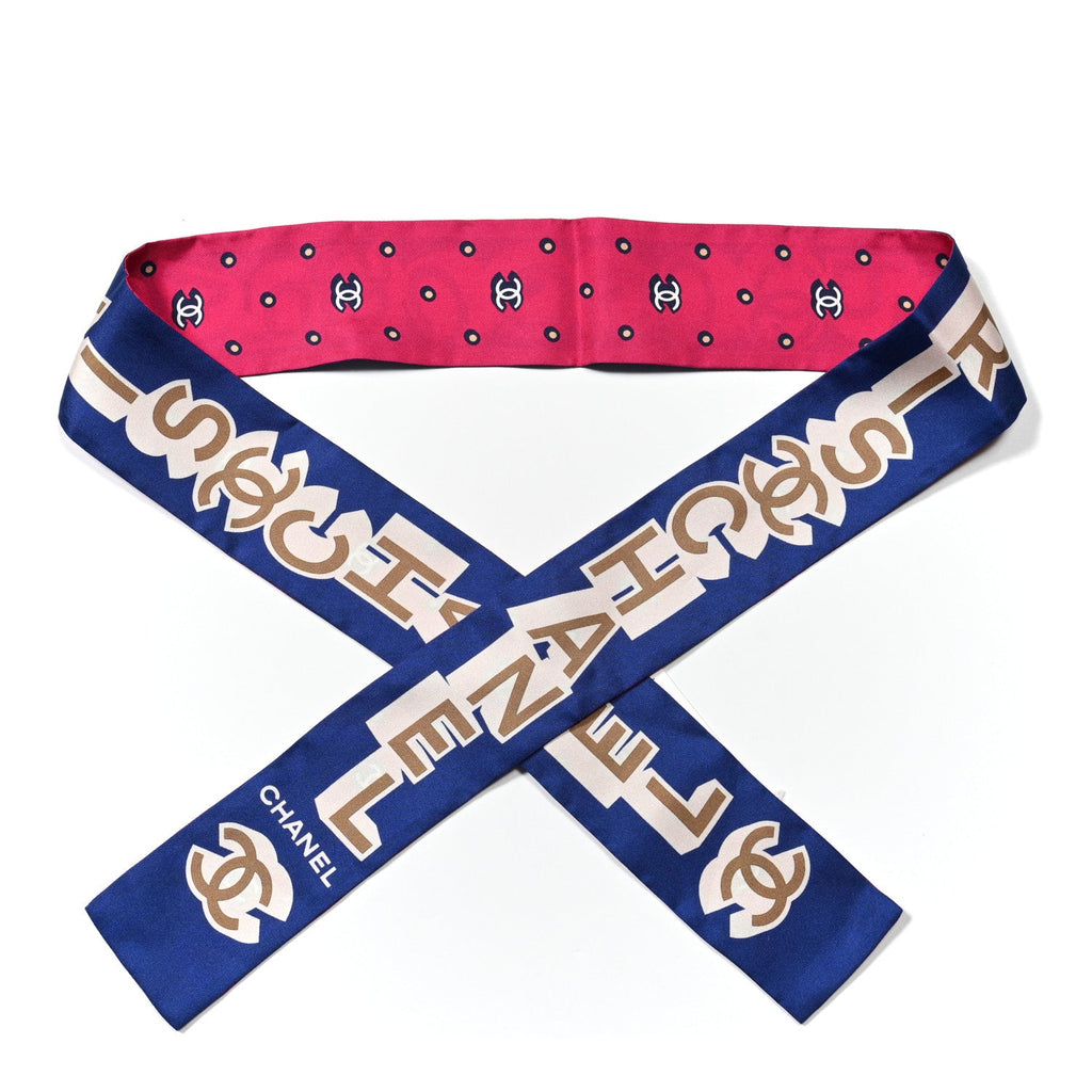 Chanel Silk Twill Slim Bandeau Scarf Blue Ecru Beige
