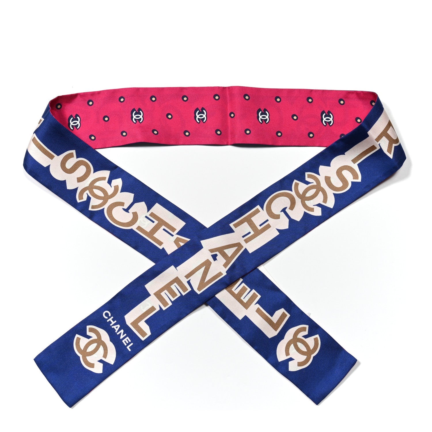 Chanel Silk Twill Slim Bandeau Scarf Blue Ecru Beige