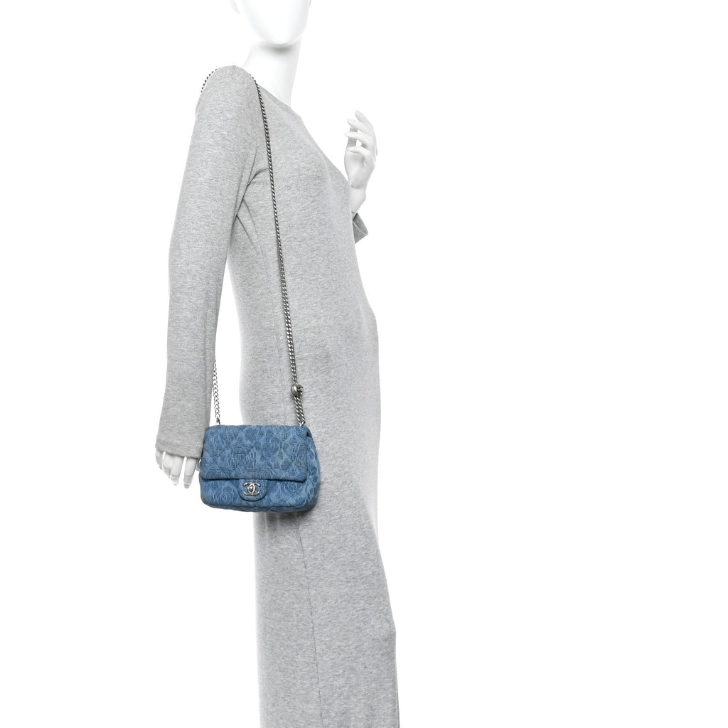 Chanel Denim Quilted Camellia Sweetheart Mini Flap Blue