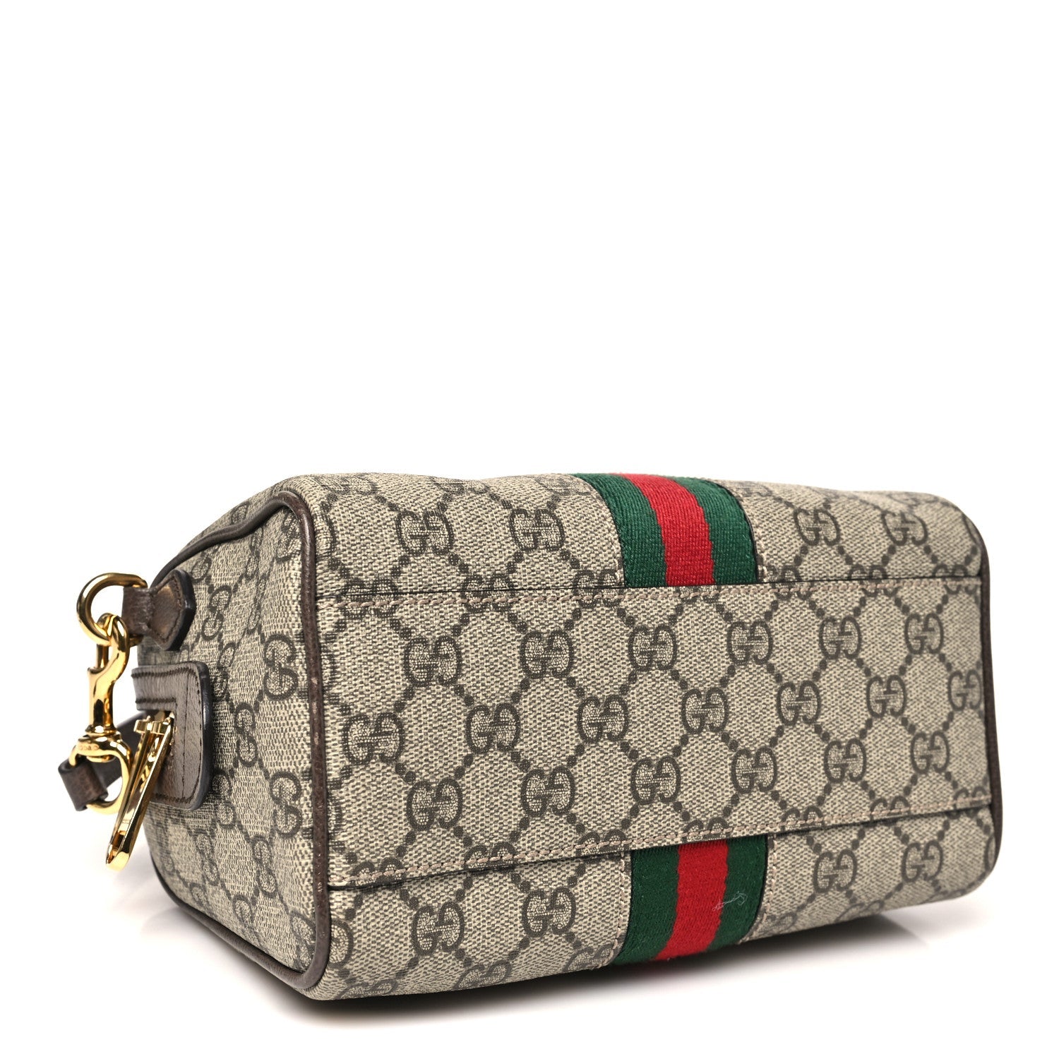Gucci GG Supreme Monogram Textured Dollar Calfskin Web Mini Ophidia Top Handle Bowler Bag Beige Ebony New Acero