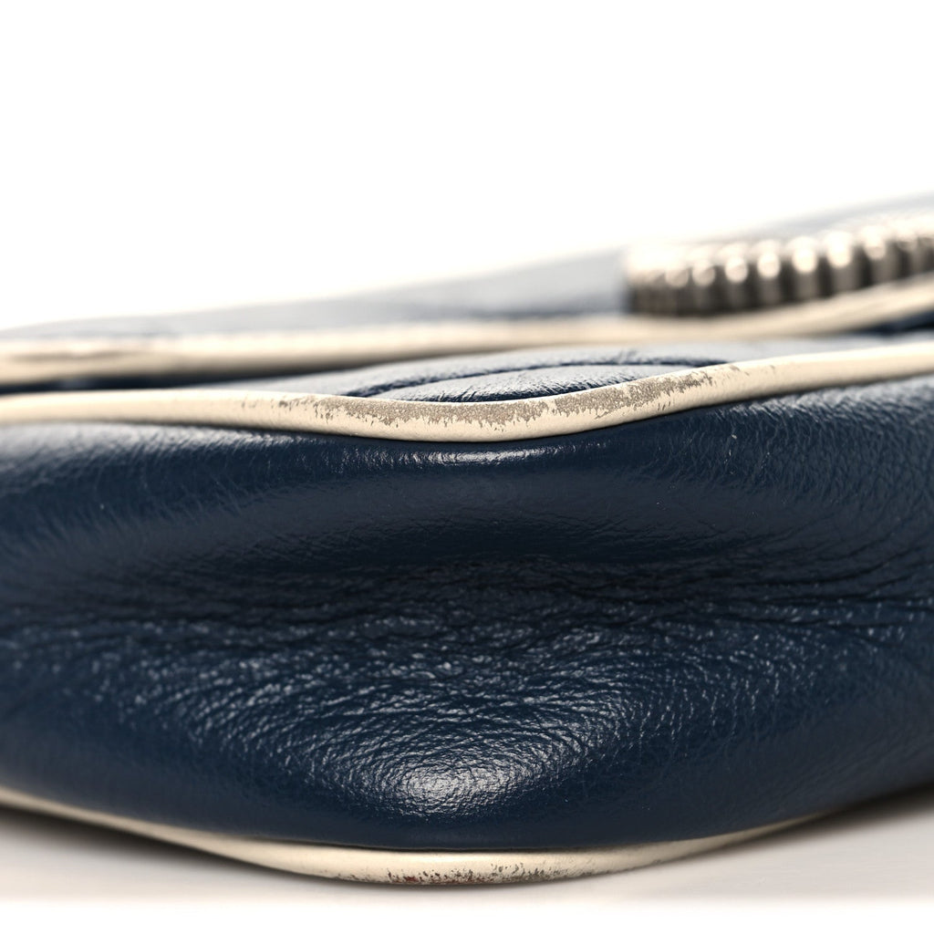 Gucci Vintage Effect Calfskin Matelasse Diagonal Super Mini Torchon GG Marmont Shoulder Bag Blue Agata Mystic White