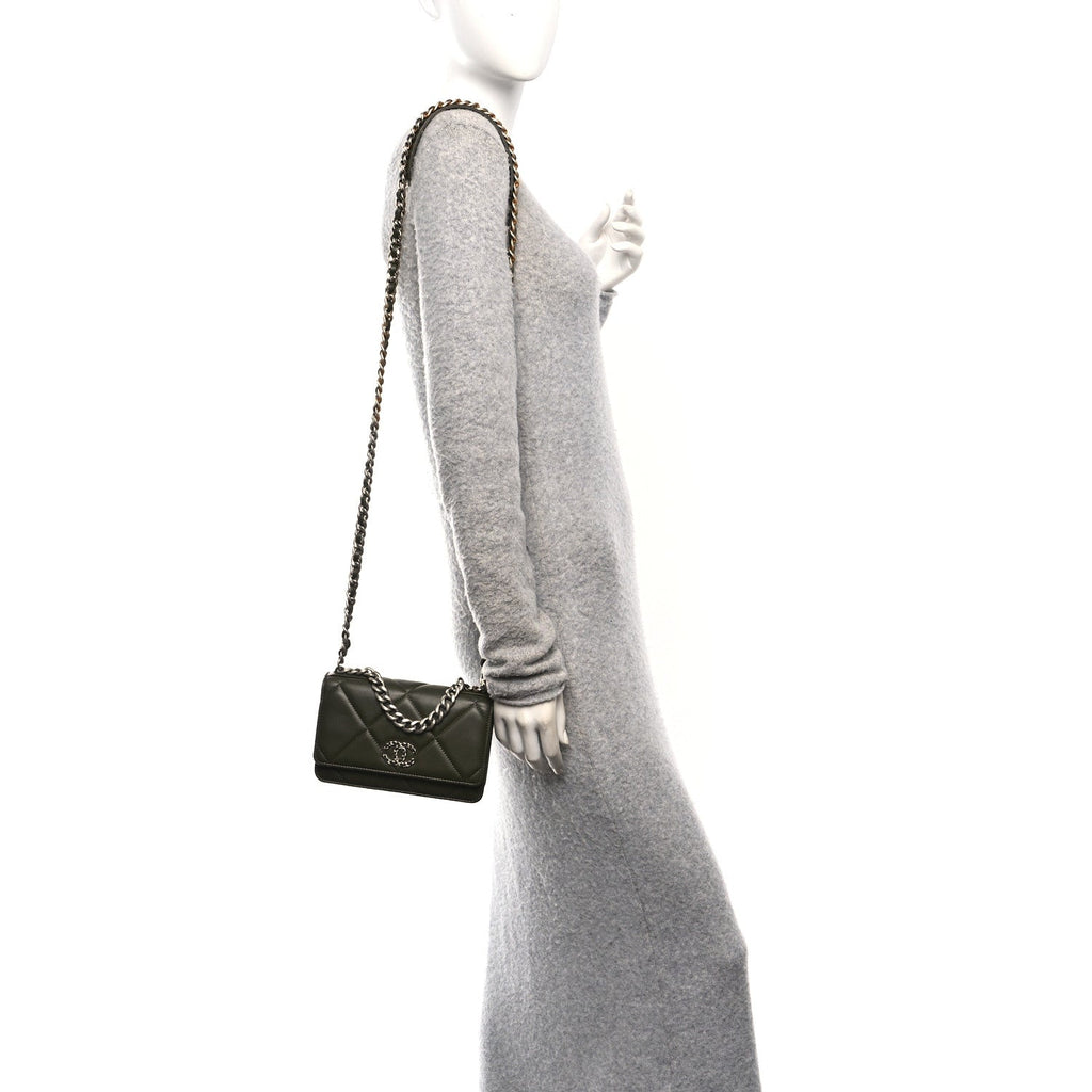 Chanel Lambskin Quilted Chanel 19 Wallet On Chain WOC Dark Green