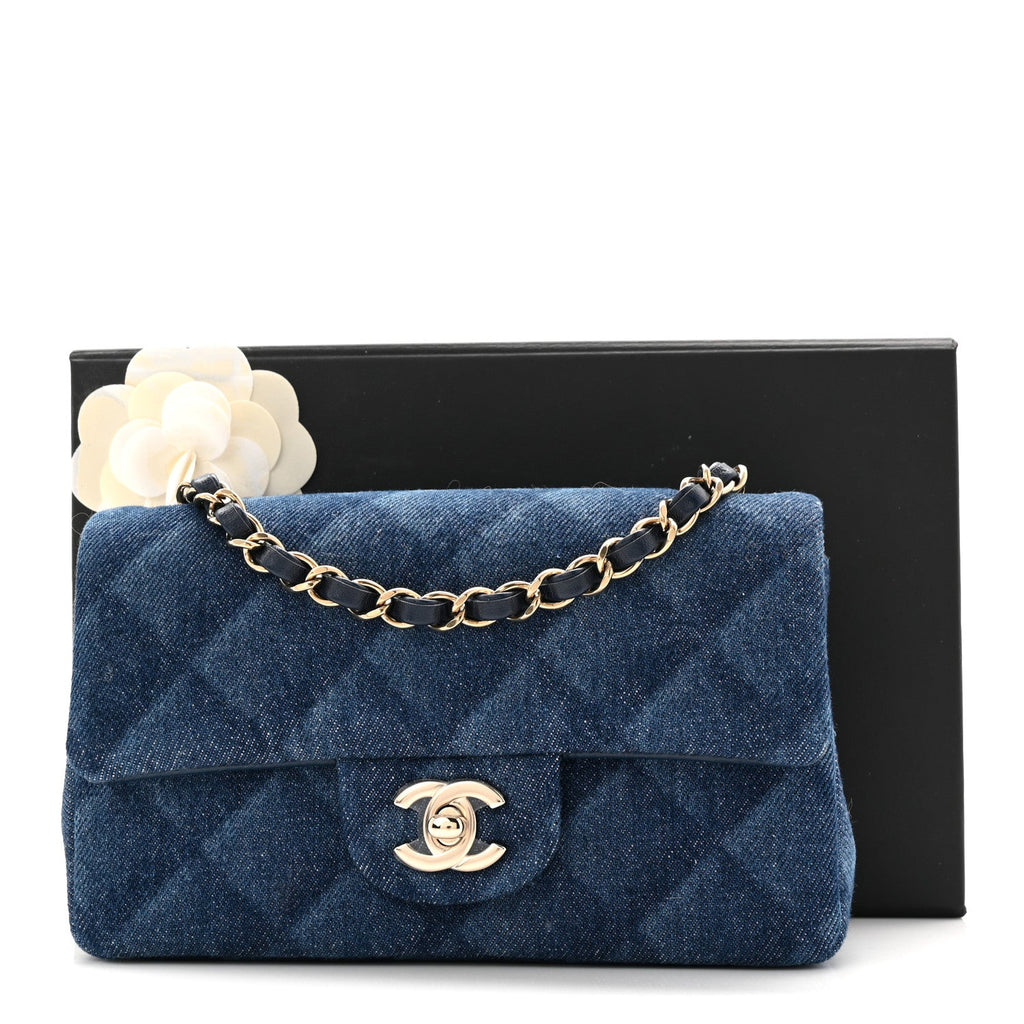 Chanel Printed Denim Quilted Mini Rectangular Flap Dark Blue