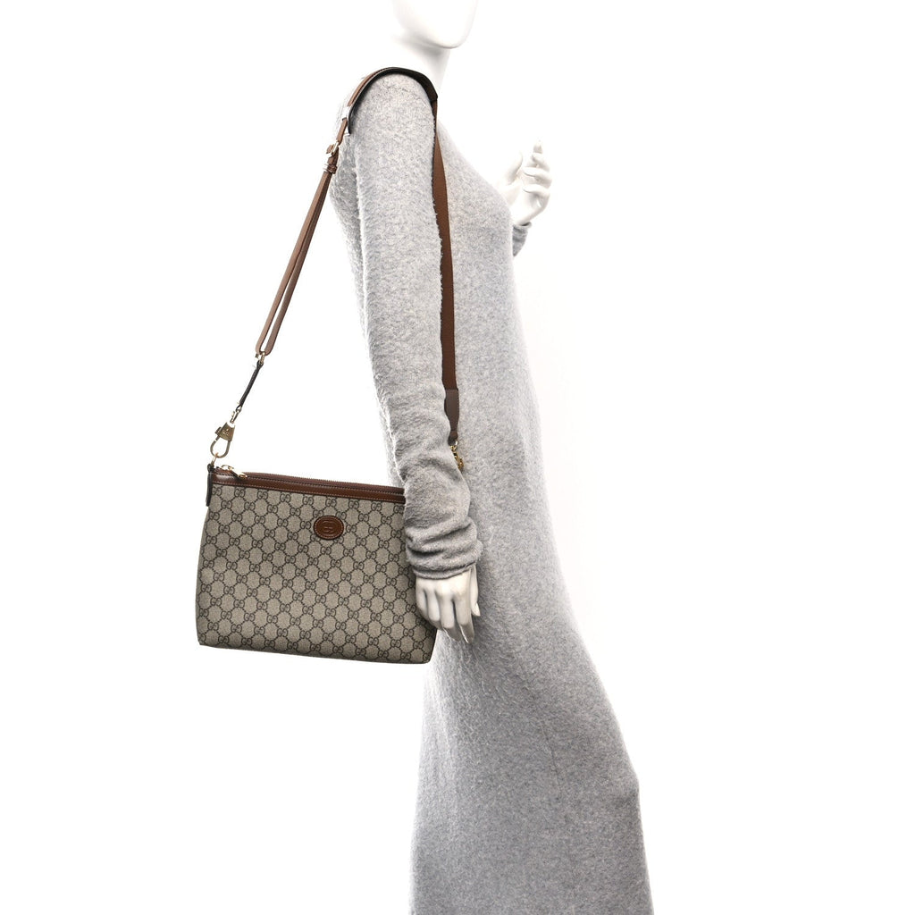 Gucci GG Supreme Monogram Azalea Calfskin Retro Interlocking G Wristlet Messenger Bag Beige Ebony Brown Sugar