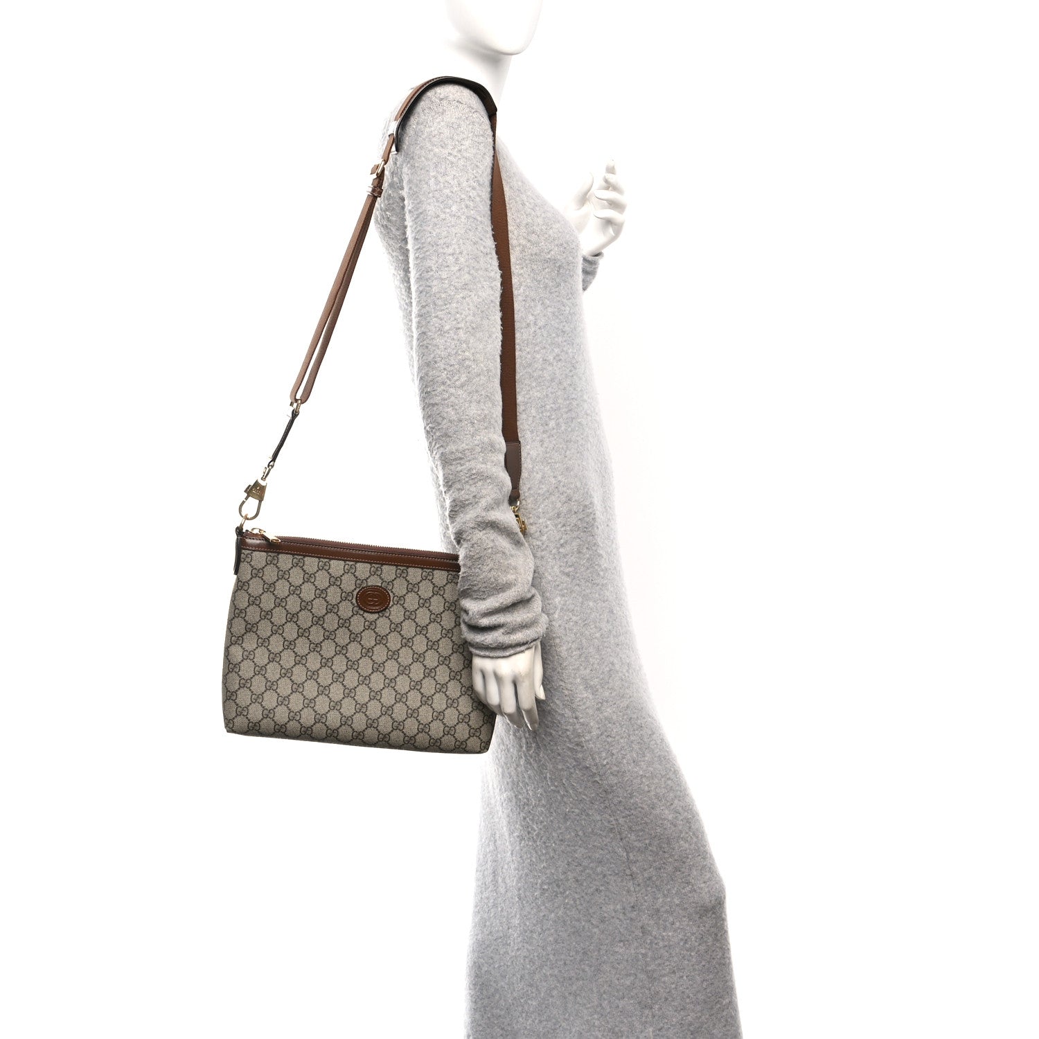 Gucci GG Supreme Monogram Azalea Calfskin Retro Interlocking G Wristlet Messenger Bag Beige Ebony Brown Sugar