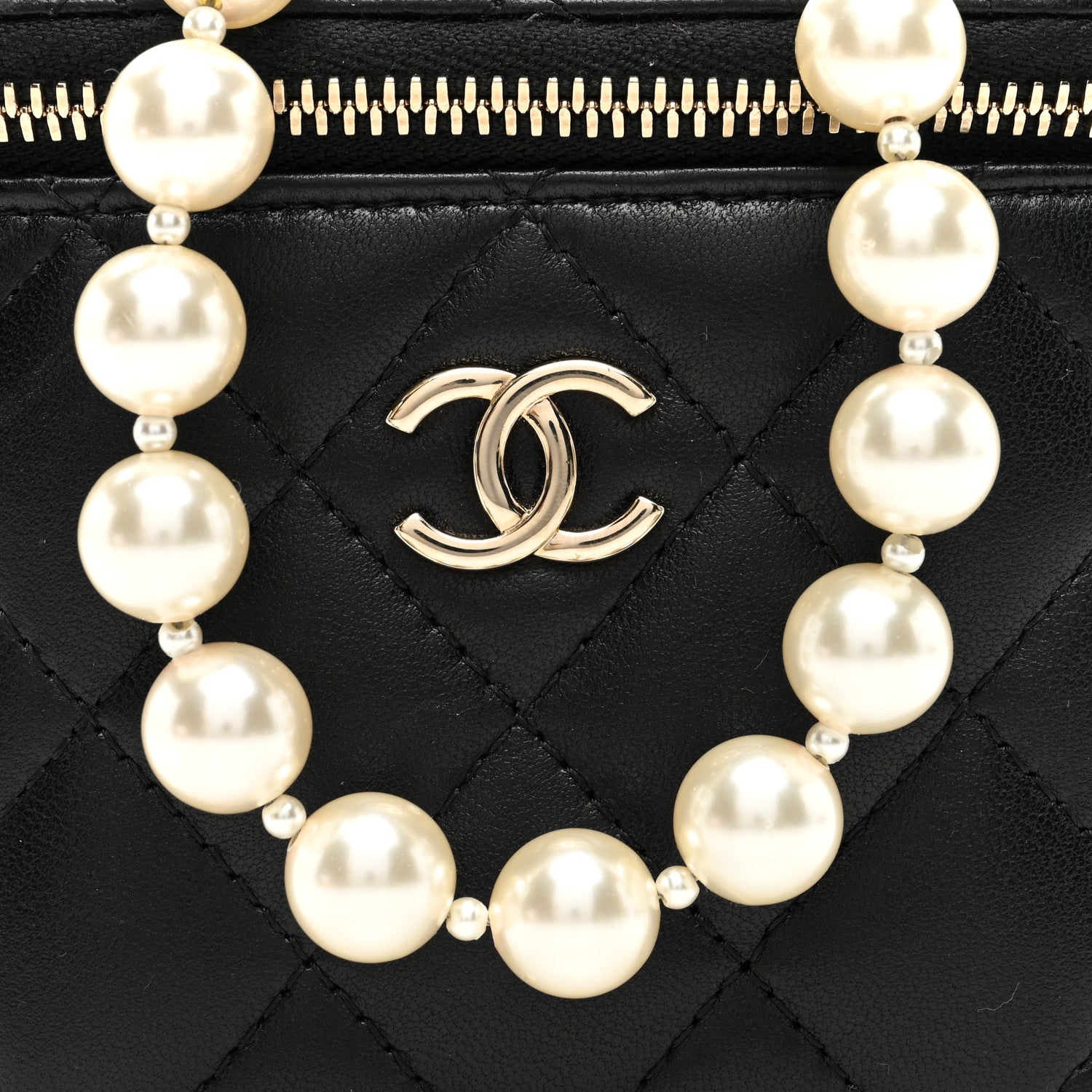 Chanel Lambskin Quilted Mini Vanity Case With Pearl Chain Black